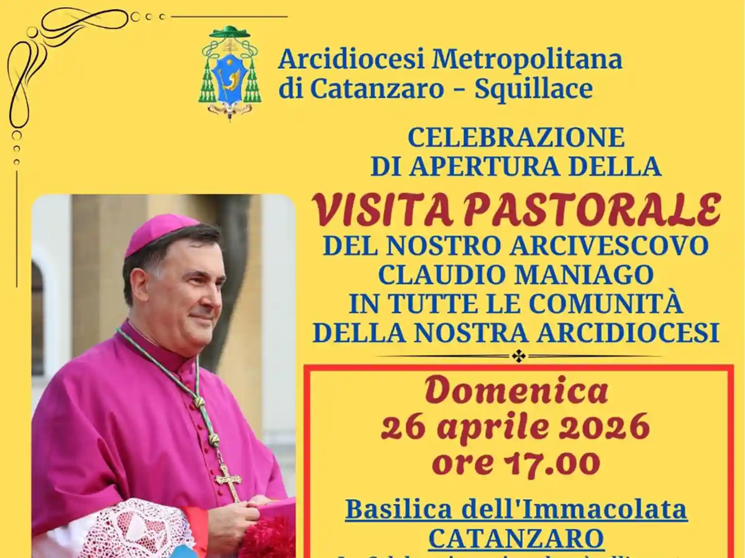 Foto per articolo "Al via la visita pastorale dell’Arcivescovo Metropolita di Catanzaro-Squillace S.E. Mons. Claudio Maniago: celebrazione di apertura a Catanzaro" del 9 aprile 2026